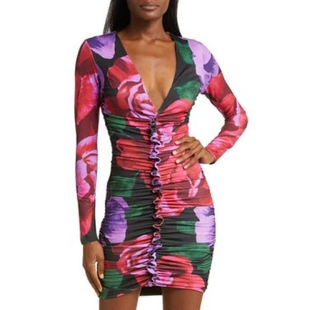 AFRM Phillipa Dress Floral Print Long Sleeve Ruched Bodycon Mini NWT S